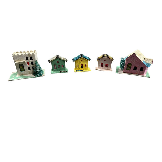 Vintage 1950 Lot 5 Miniature House Christmas Decor Made in Japan Multicolored