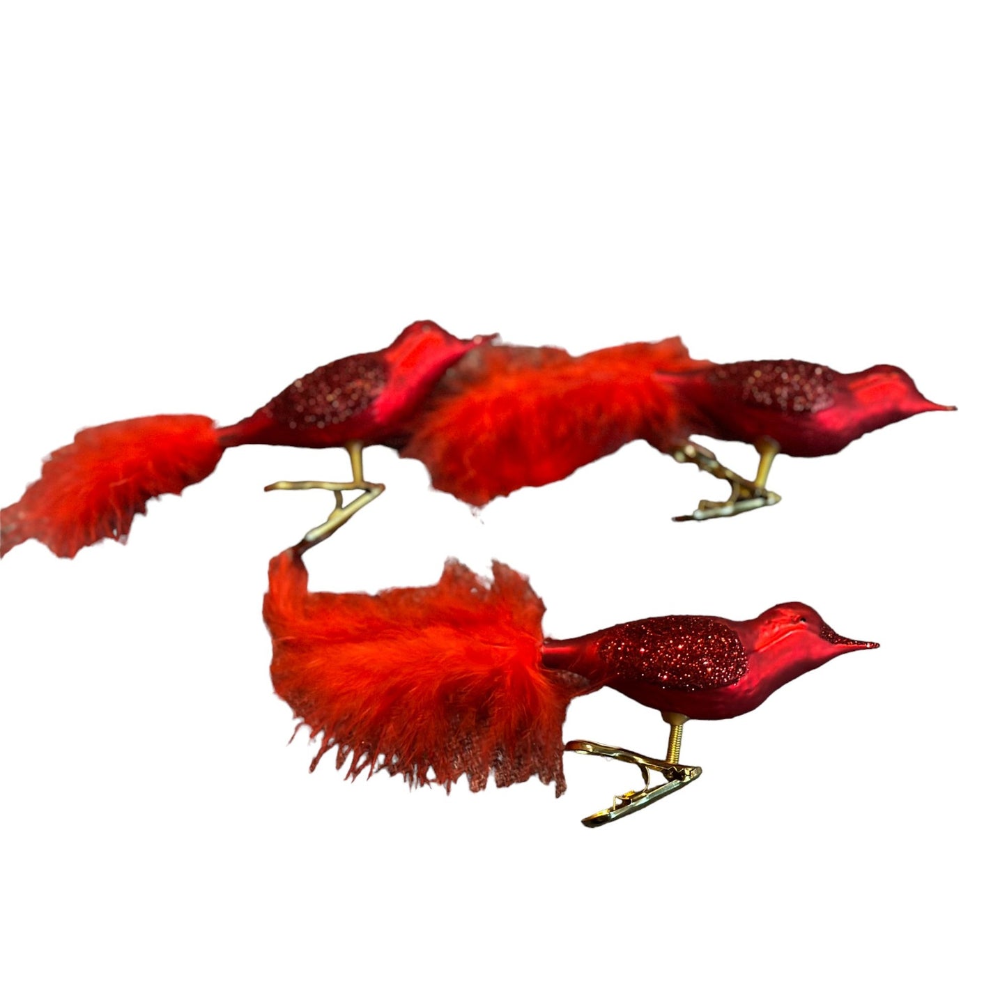 Vintage Set of 3 Shiny Red Birds with Feather Tail Clip On Ornament 6" x 2"