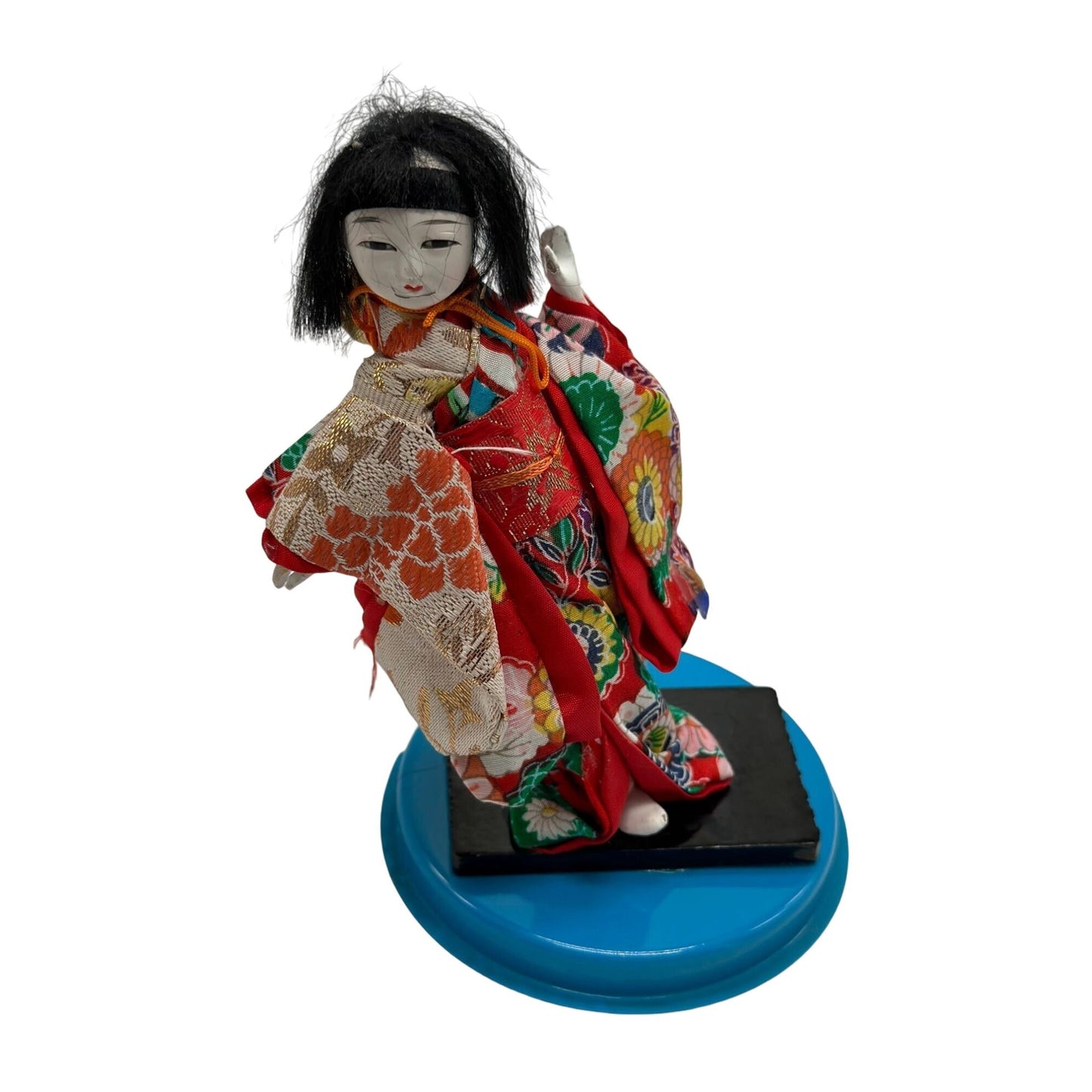 Vintage Japanese Silk Kimono Nishi Geisha Doll Figurine on Stand 6"T x 4"W 1967