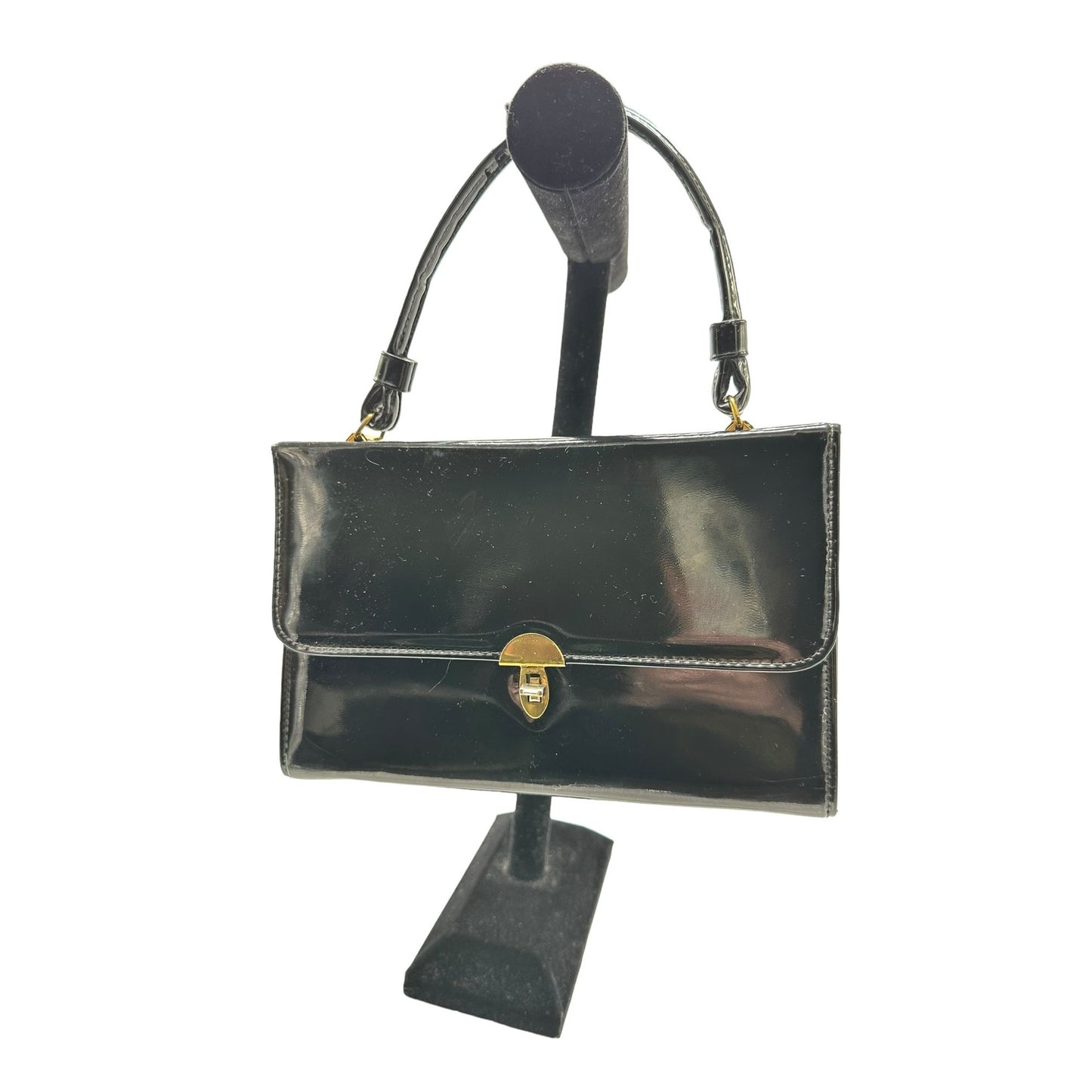 Vintage Womens Black Patent Leather Handbag/Purse Leather Handle 9.5" x 9"