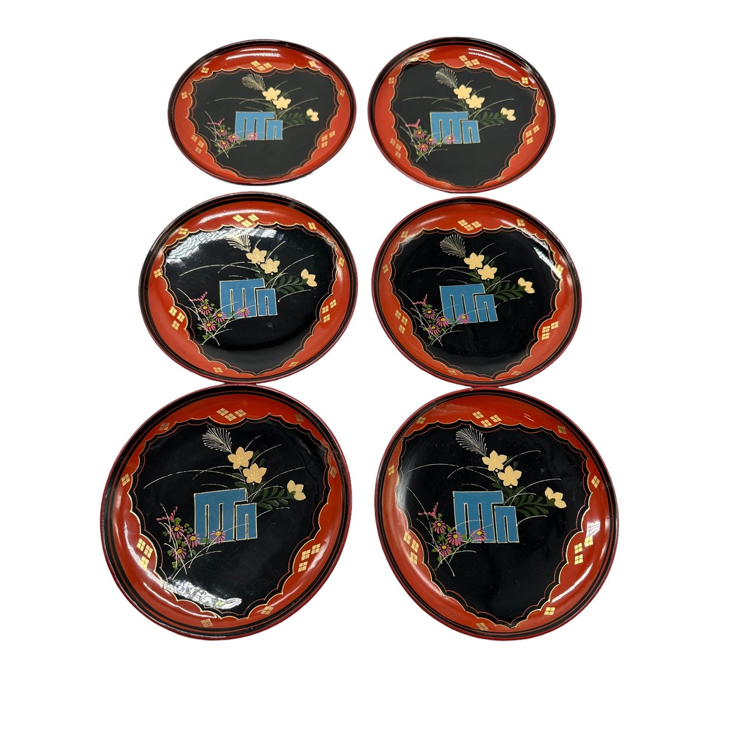 Antique Japanese Black Lacquer Small Plate Set of 6 Collectible Rare find 6.5"