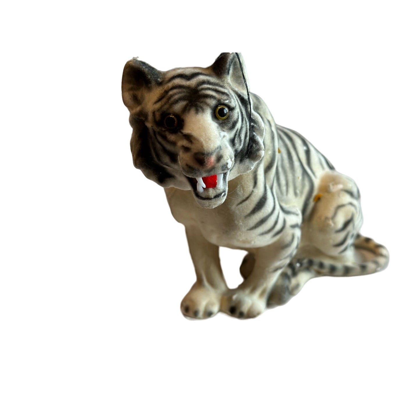 Vintage Flocked White Tiger Figurine Open Mouth Big Cat Rare Collectible