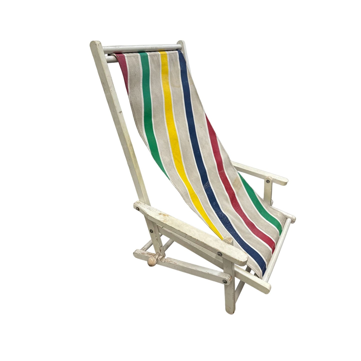 Vintage Wood Striped Fabric Adjustable Sun Lounger Seaside Folding Deck Chair