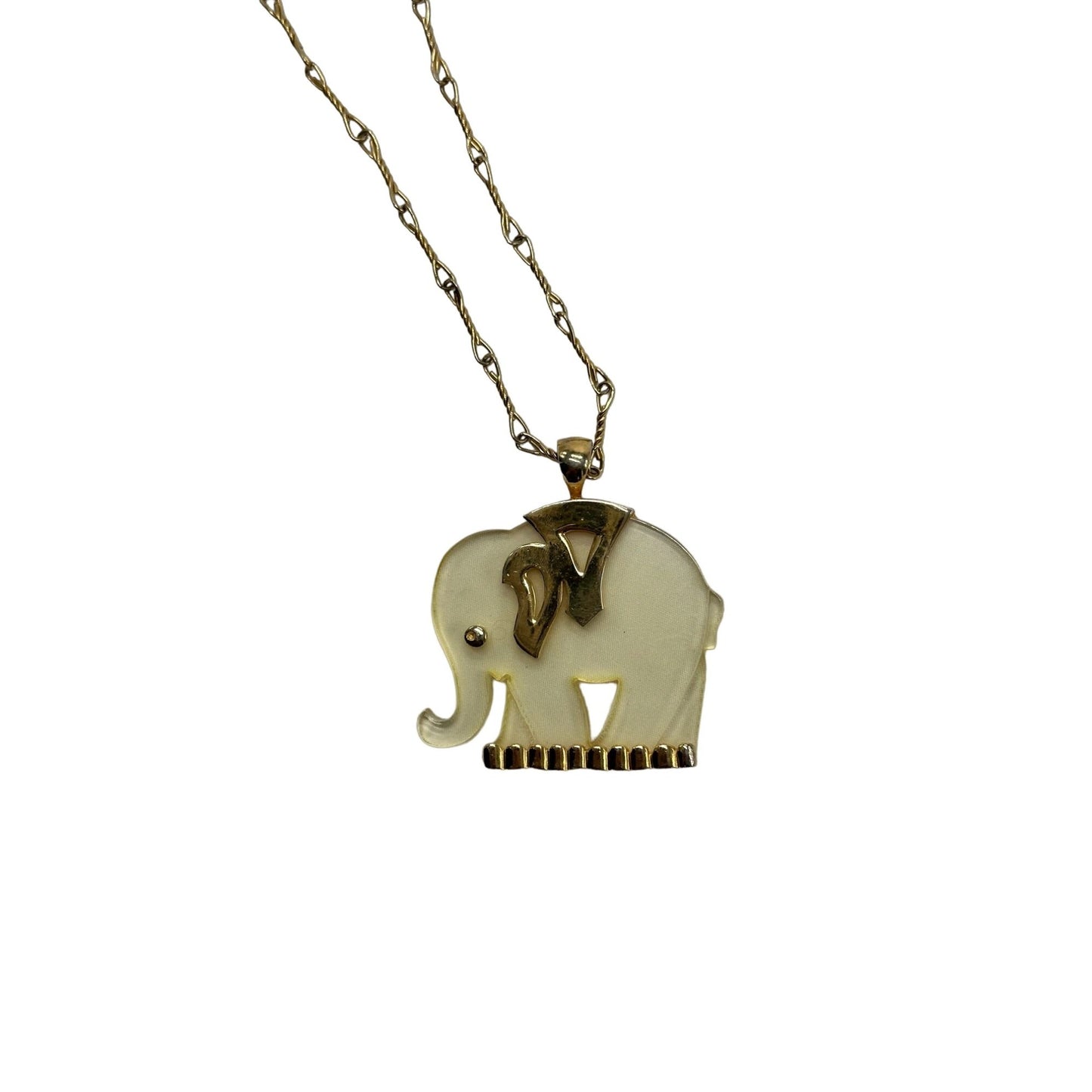 Vintage Acrylic Elephant Pendant Fashion Necklace Gold Toned Chain 15"