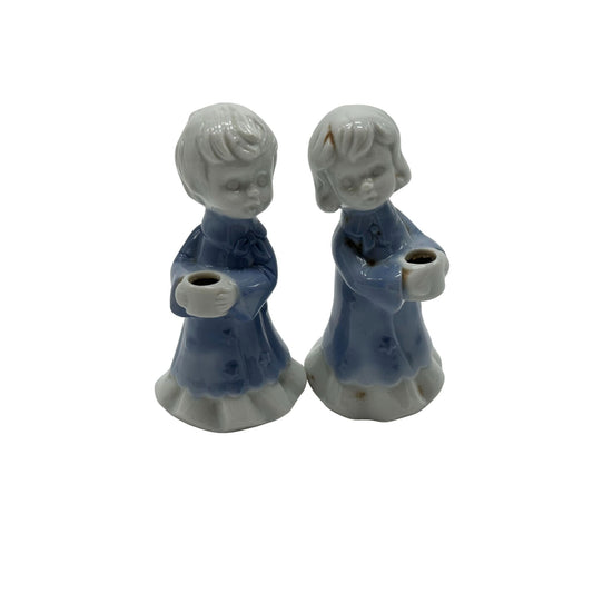 Vintage Blue & White Porcelain Choir Boy & Girl Candle Stick Holders 1980 4"x2"