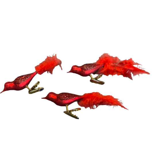 Vintage Set of 3 Shiny Red Birds with Feather Tail Clip On Ornament 6" x 2"