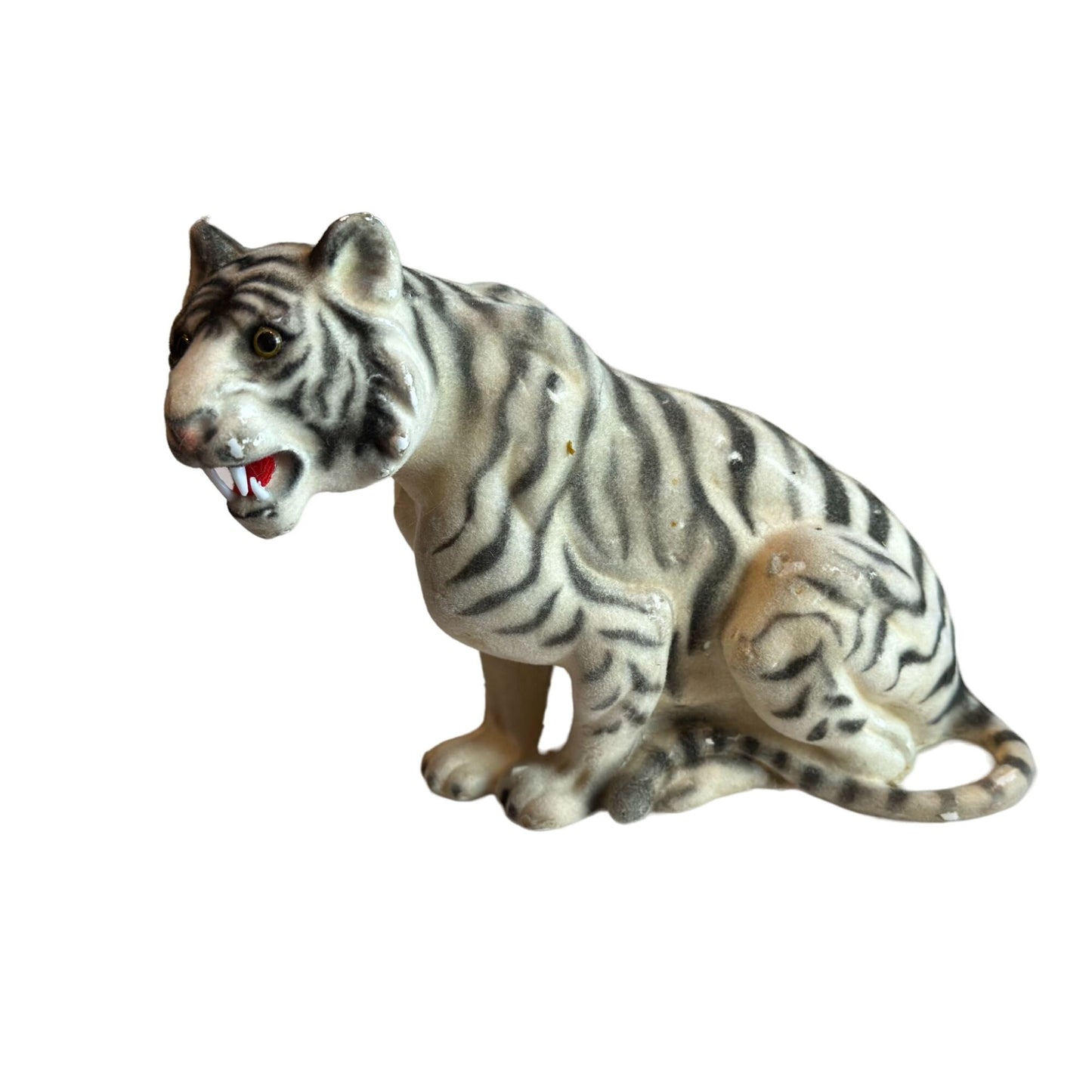 Vintage Flocked White Tiger Figurine Open Mouth Big Cat Rare Collectible