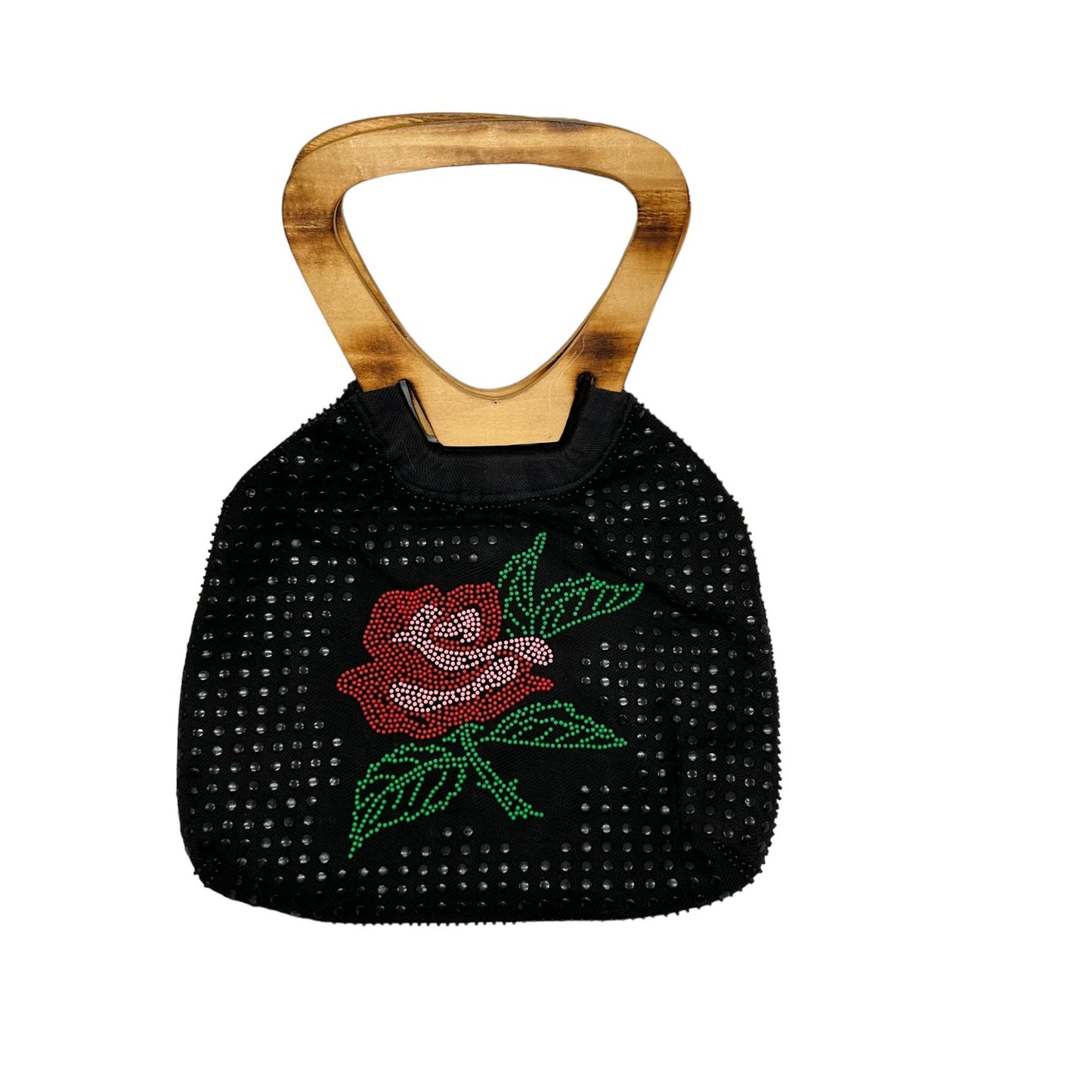 Womens Black Handbag Crochet Faux Floral Beads w/ Wood Handles