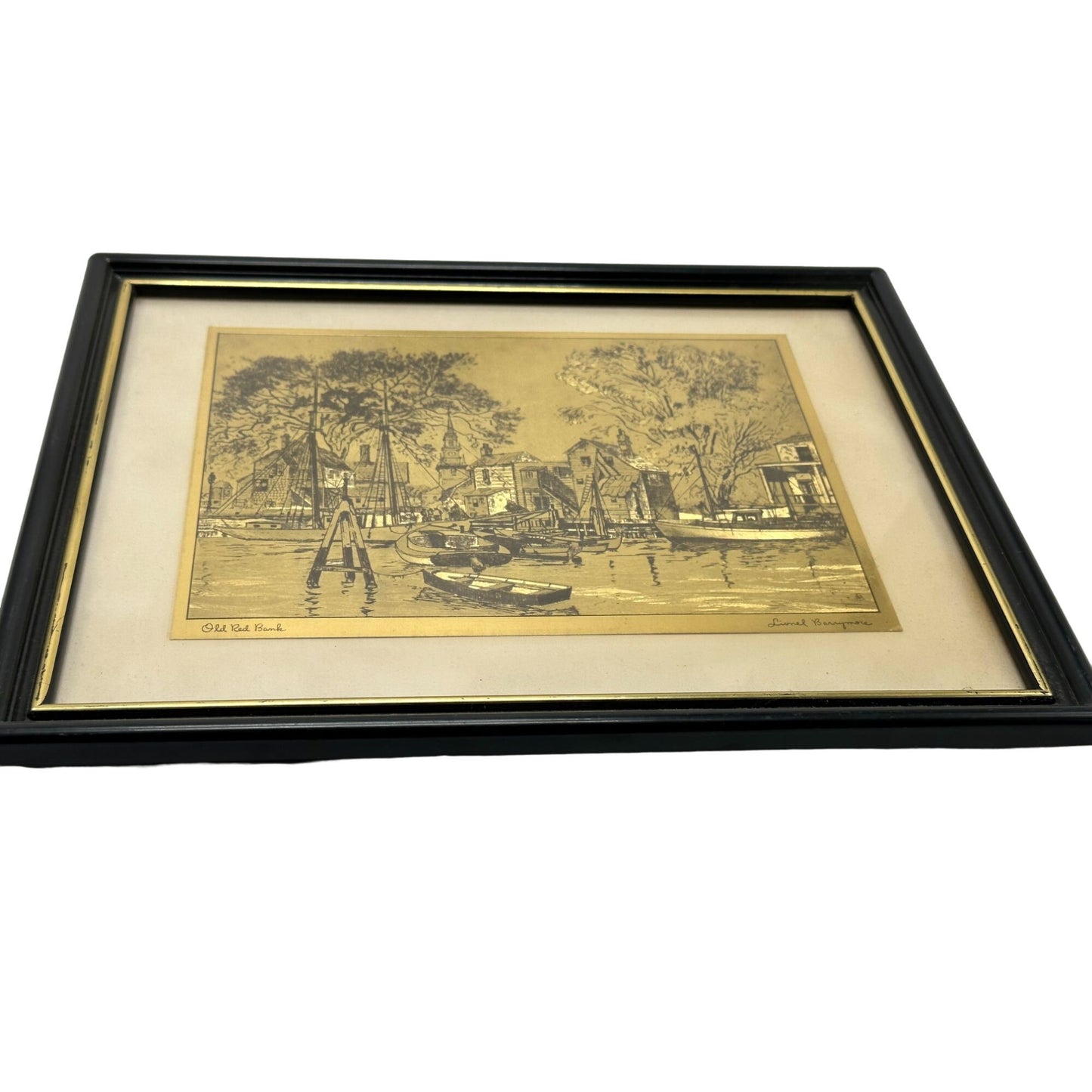 Vintage Signed “Old Red Bank” Lionel Barrymore Framed Gold Foil Etched Print