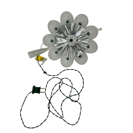 Retro Light-Up Flower Tree Topper 1960s Electric Glitter Holiday Decor Shiny Silver & White Petals Plug-In