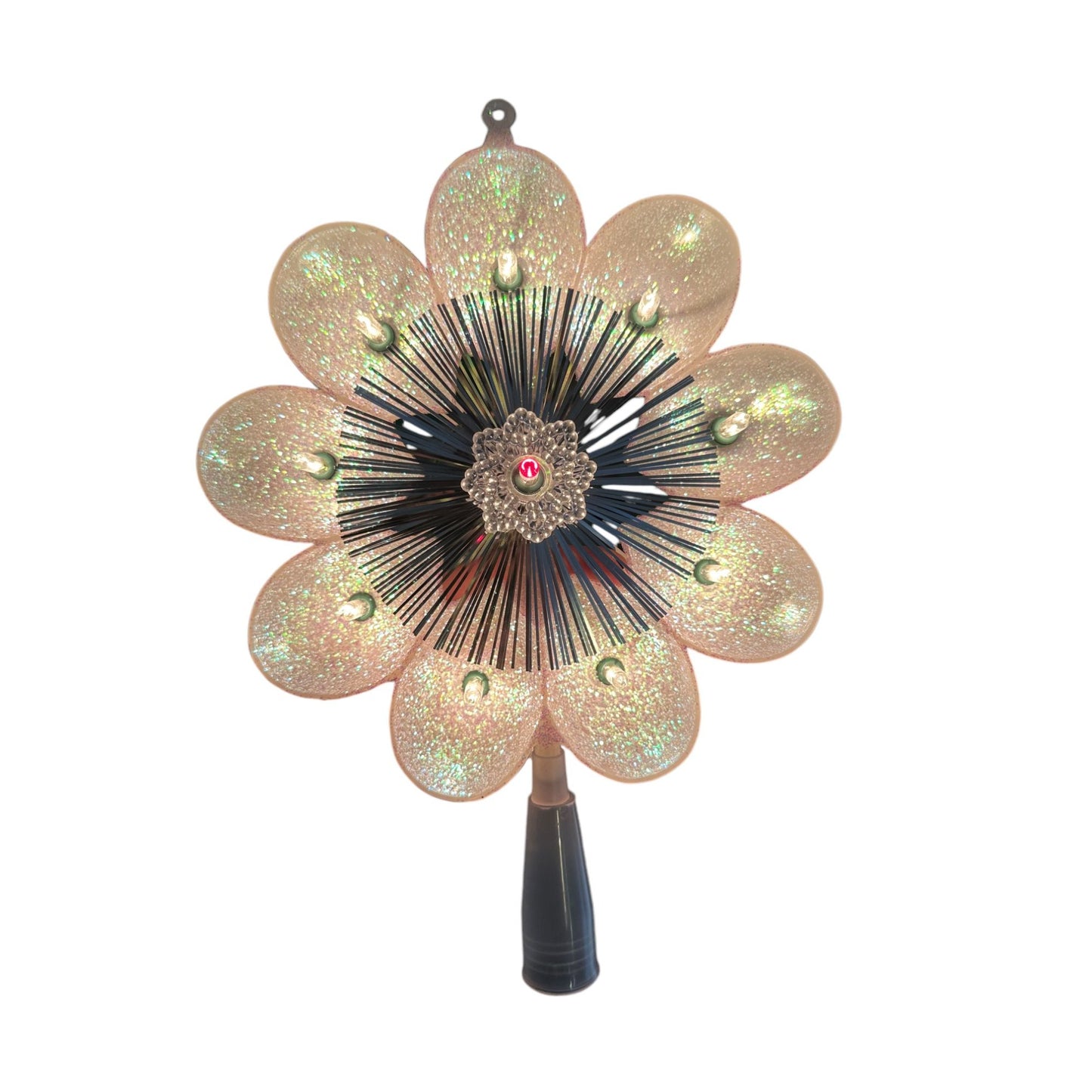 Retro Light-Up Flower Tree Topper 1960s Electric Glitter Holiday Decor Shiny Silver & White Petals Plug-In