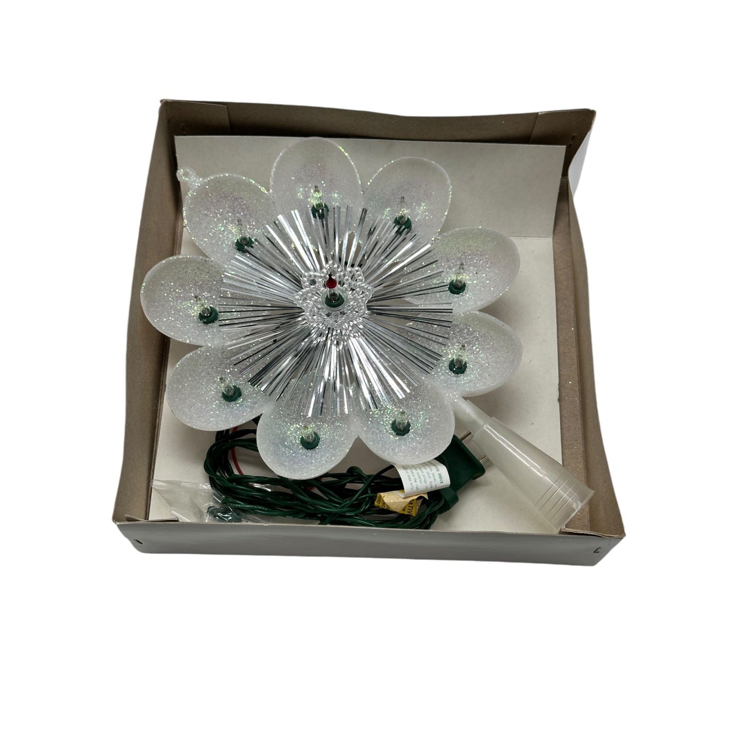 Retro Light-Up Flower Tree Topper 1960s Electric Glitter Holiday Decor Shiny Silver & White Petals Plug-In