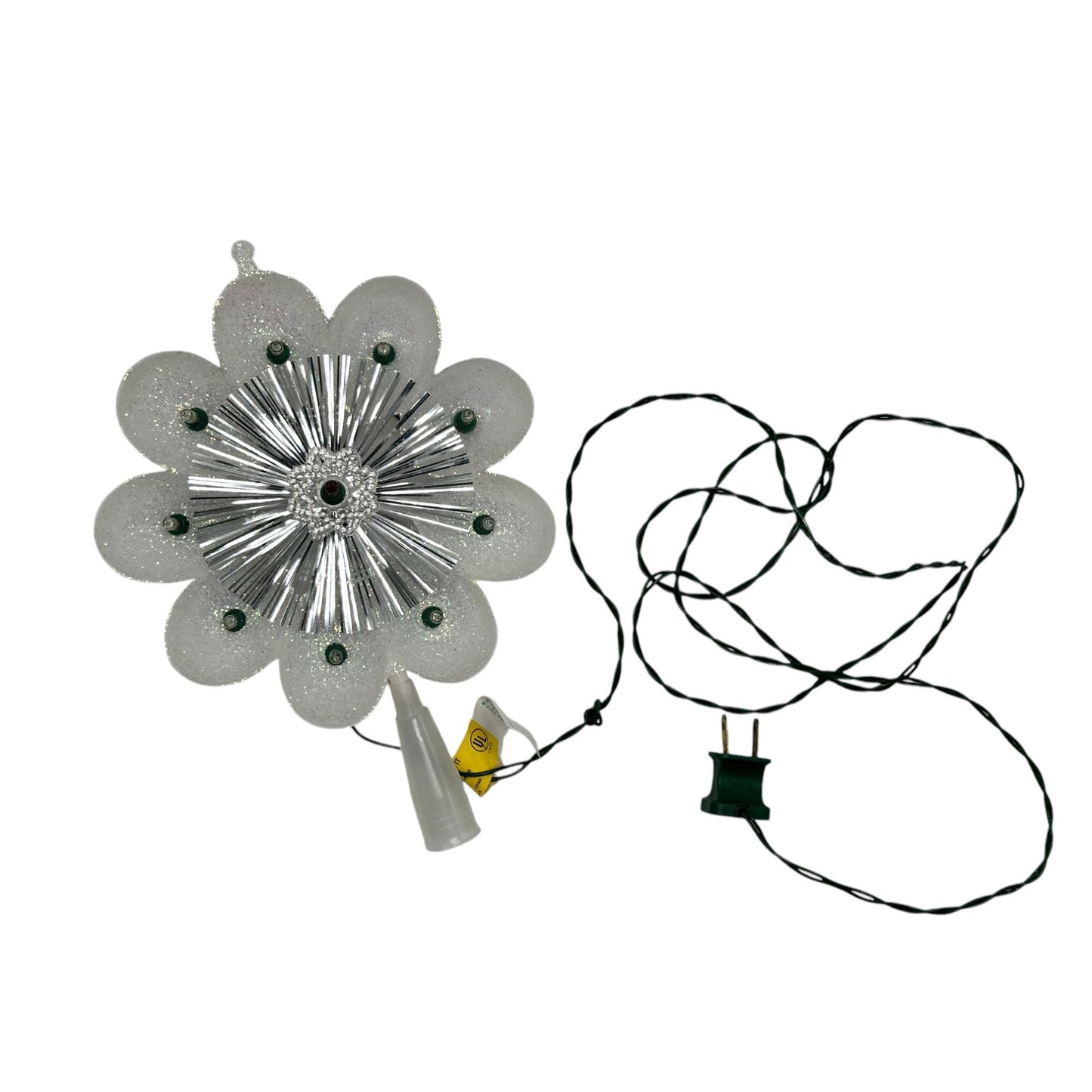 Retro Light-Up Flower Tree Topper 1960s Electric Glitter Holiday Decor Shiny Silver & White Petals Plug-In