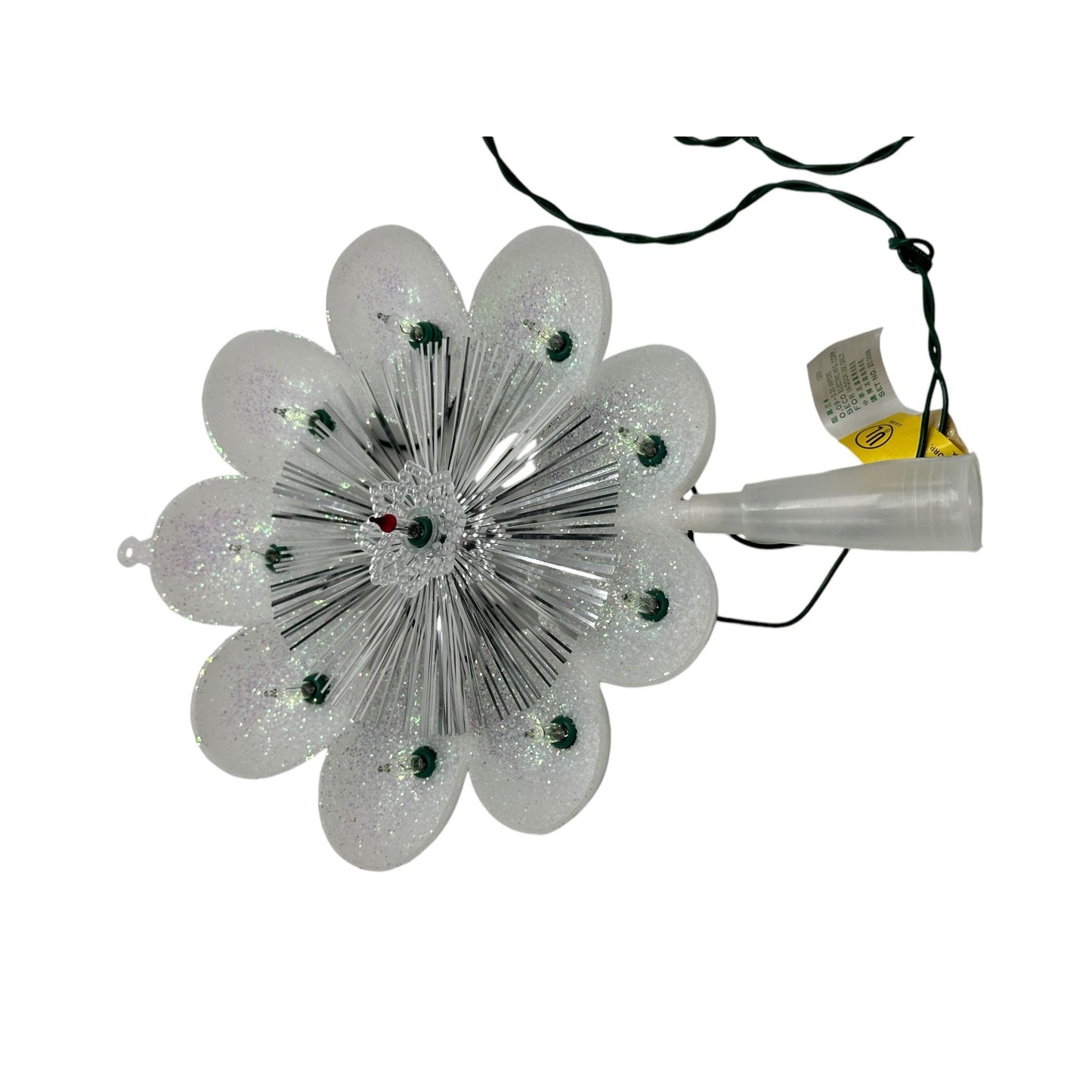 Retro Light-Up Flower Tree Topper 1960s Electric Glitter Holiday Decor Shiny Silver & White Petals Plug-In