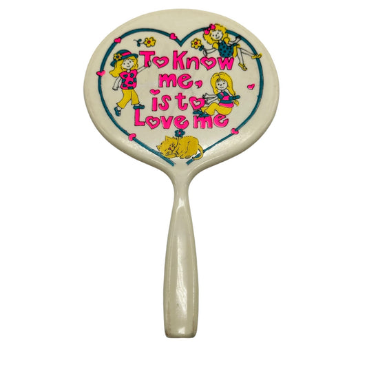 Vintage Handheld Mirror With Cute Cartoon & Text "To Know Me Is To Love Me"