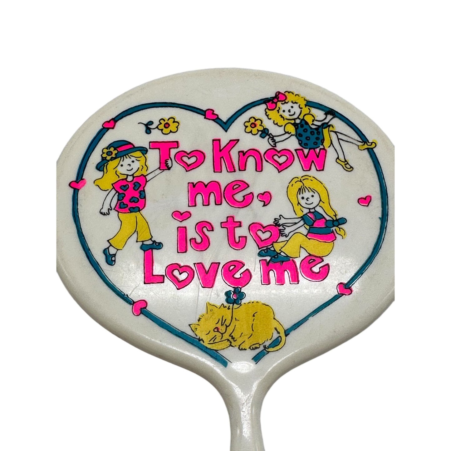 Vintage Handheld Mirror With Cute Cartoon & Text "To Know Me Is To Love Me"