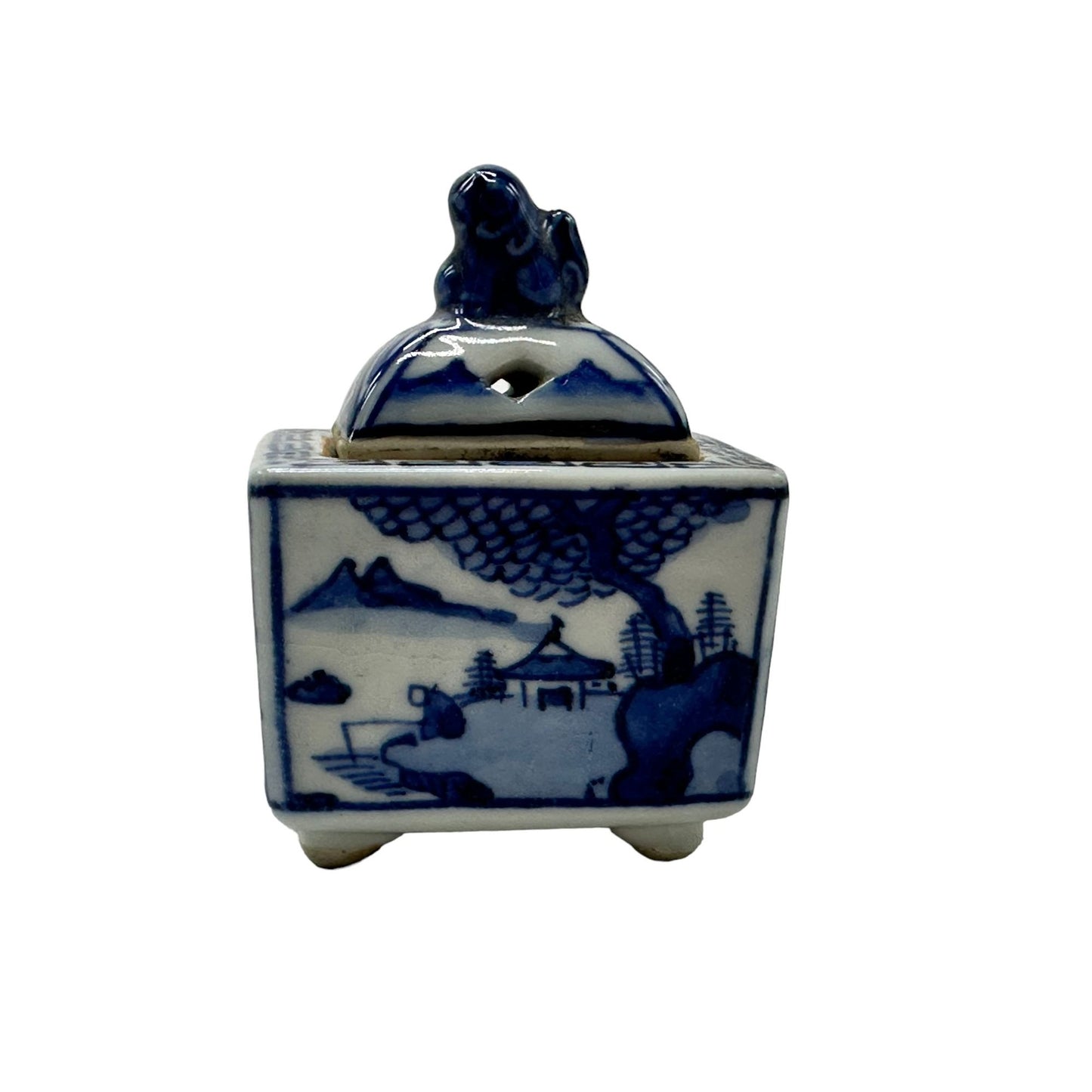 Vintage Chinese Blue & White Porcelain Incense Burner Lidded Rectangular Design