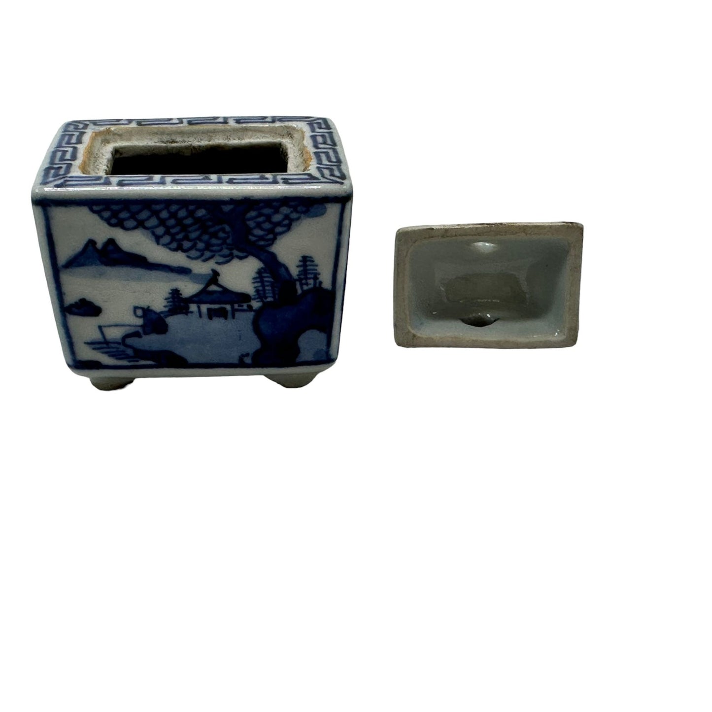 Vintage Chinese Blue & White Porcelain Incense Burner Lidded Rectangular Design