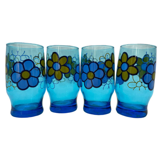 Vintage Retro Floral Blue Glass Tumblers Set Of 4 With Funky Flower Design NOS