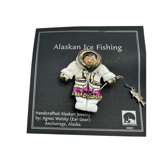 Handcrafted Alaskan Ice Fishing Pin Brooch By Agnes Walsky