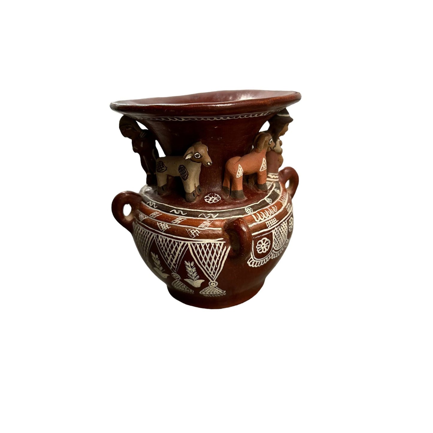 Vintage Handmade Peruvian Terra Cotta Clay Vase With 3-Dimensional Figurines