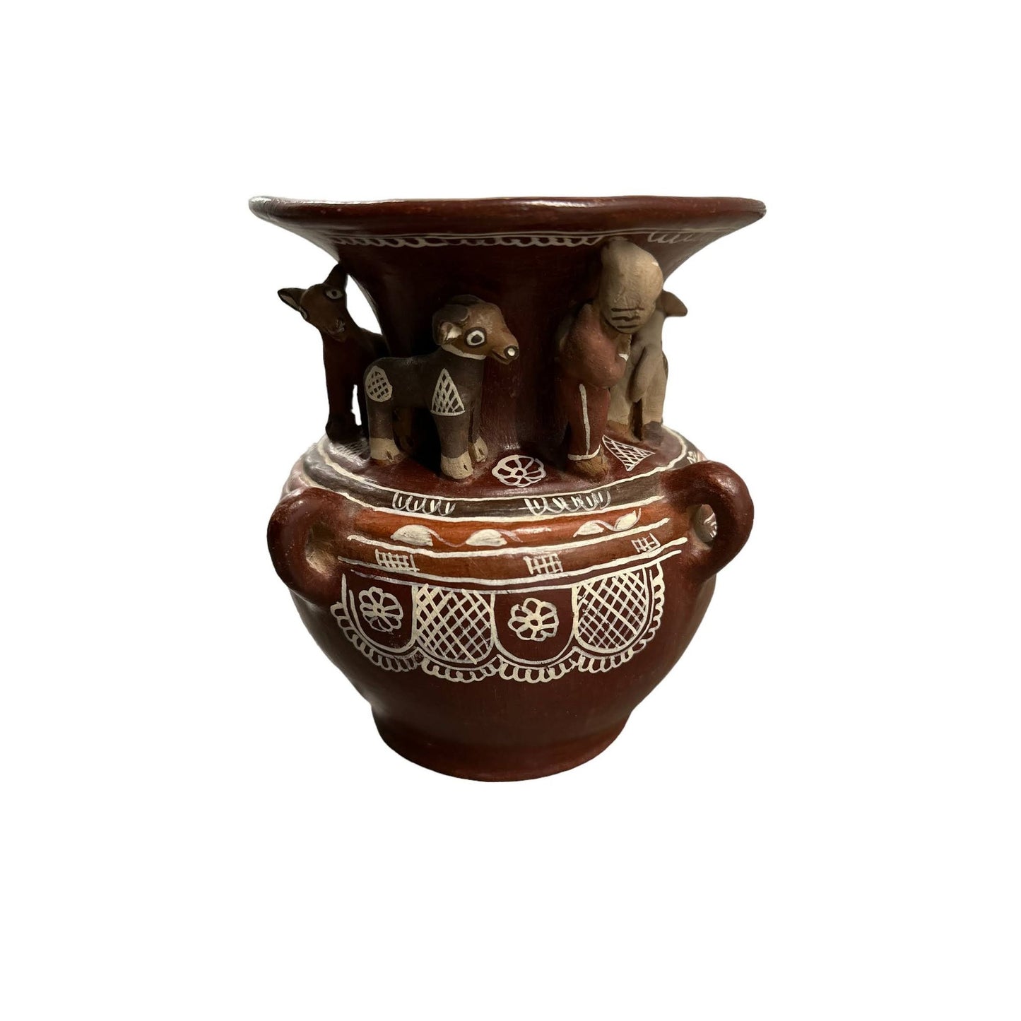 Vintage Handmade Peruvian Terra Cotta Clay Vase With 3-Dimensional Figurines