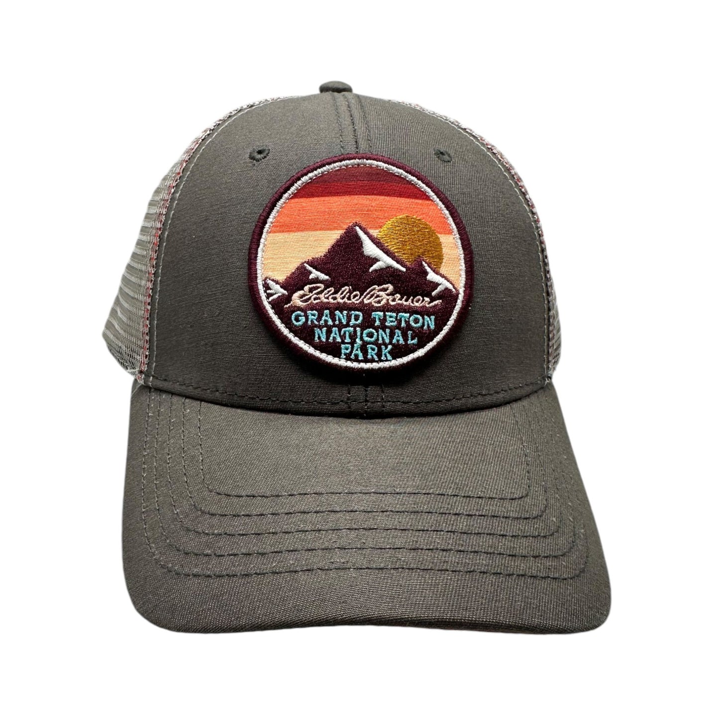 Eddie Bauer Grand Teton National Park Trucker Hat Unisex One Size Mesh Back Gray Cinder