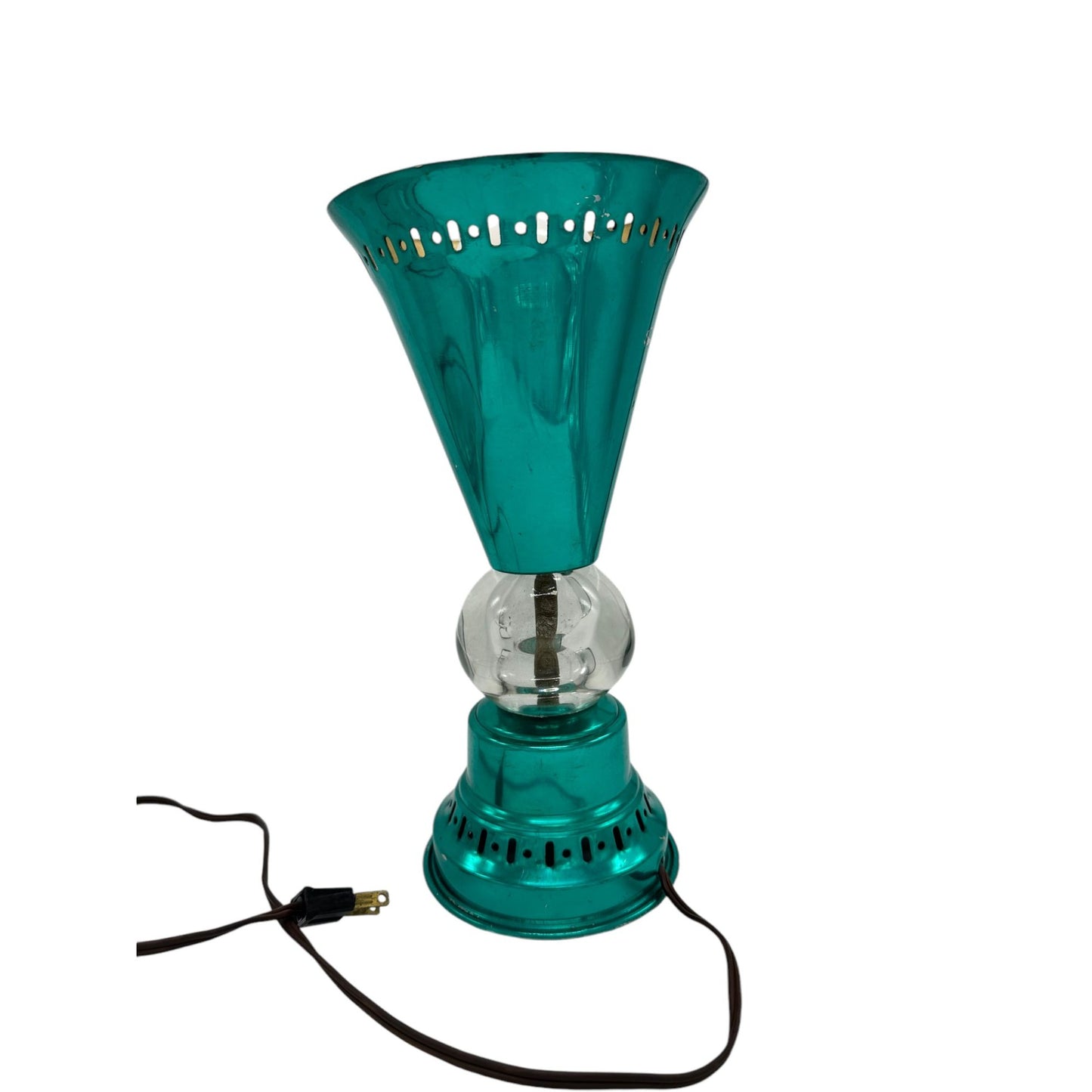 Vintage Teal & Gold Mid-Century Modern Lamp With Clear Crystal Ball Accent