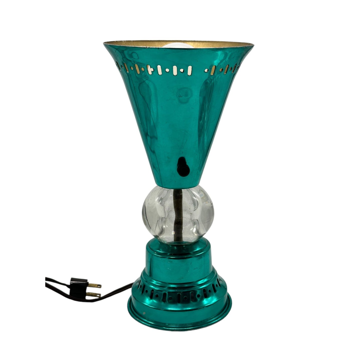 Vintage Teal & Gold Mid-Century Modern Lamp With Clear Crystal Ball Accent