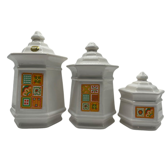 Vintage Avon Patchwork Canister Set Ceramic White