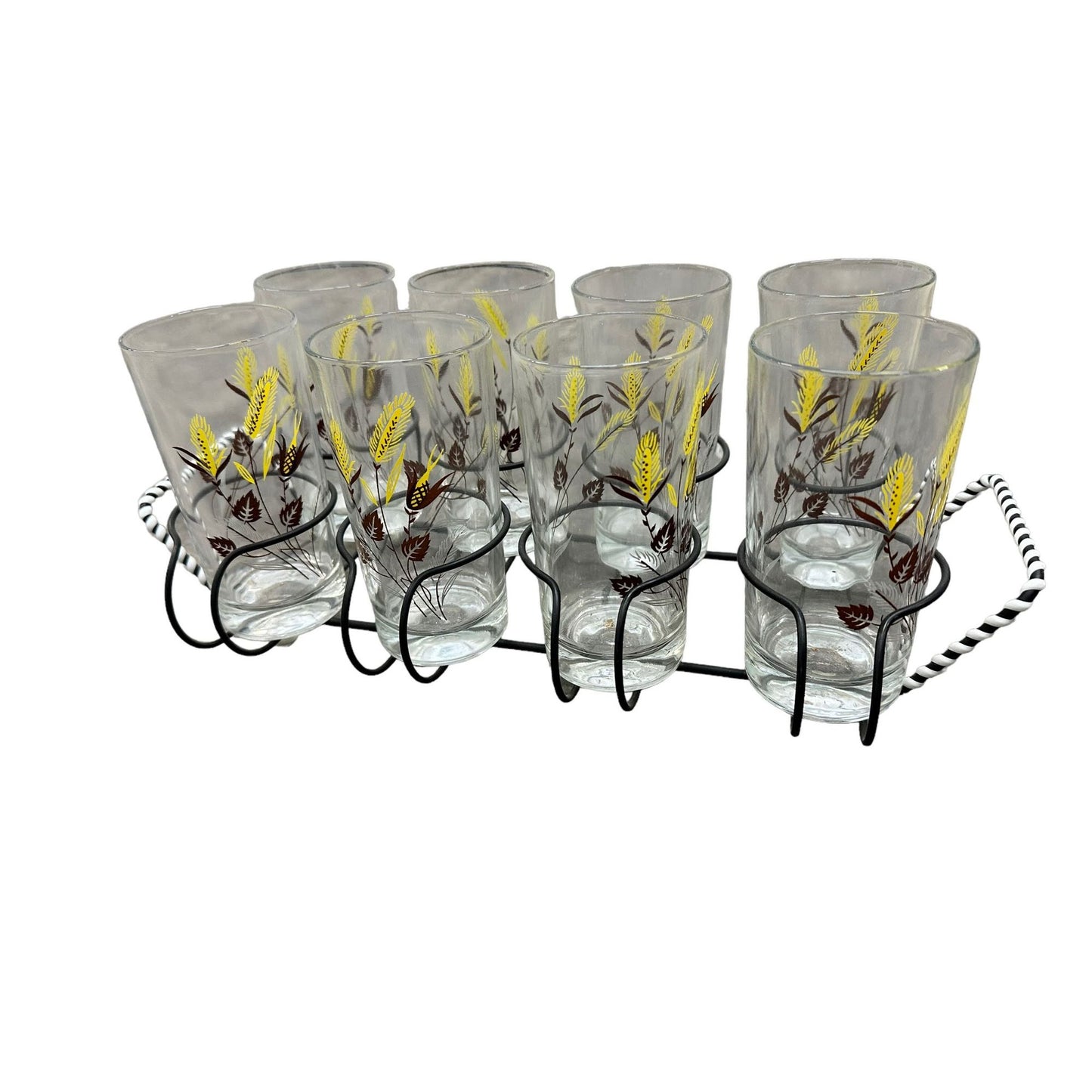 Vintage Mid Century 8 Pc. Bar Cocktail Glasses Set + Metal Carrier