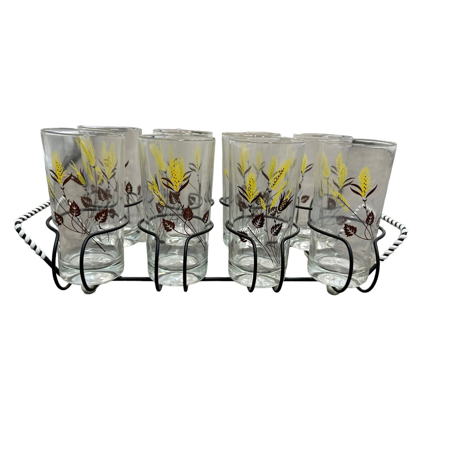 Vintage Mid Century 8 Pc. Bar Cocktail Glasses Set + Metal Carrier