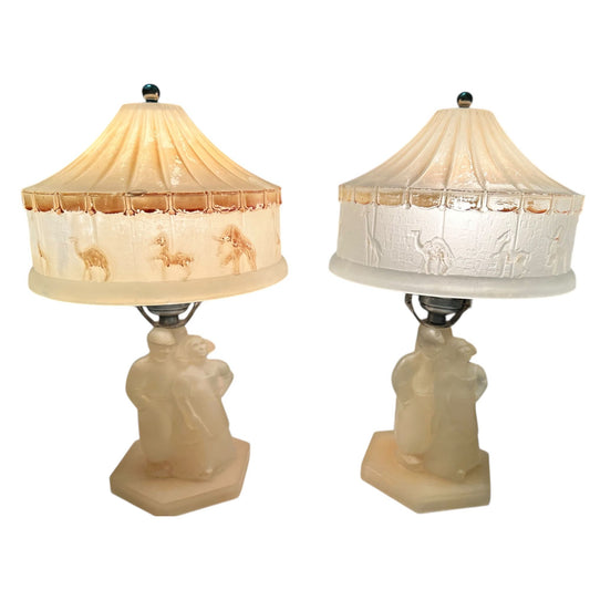 Dutch Couple Frosted Satin Glass Lamp Shade Set Depression Era Circus