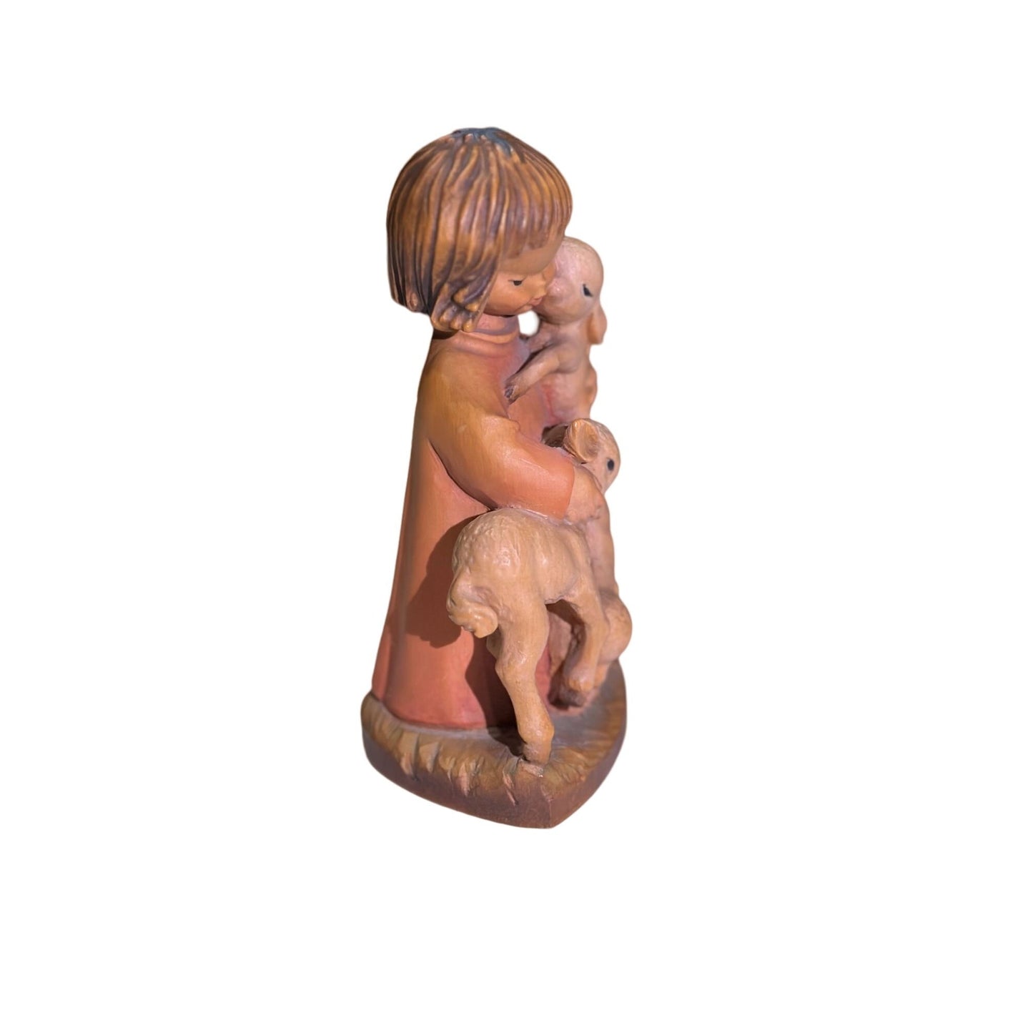 Vintage Messmer Emmerich Wooden Carved Figurine Girl with Lambs 1976 Signed