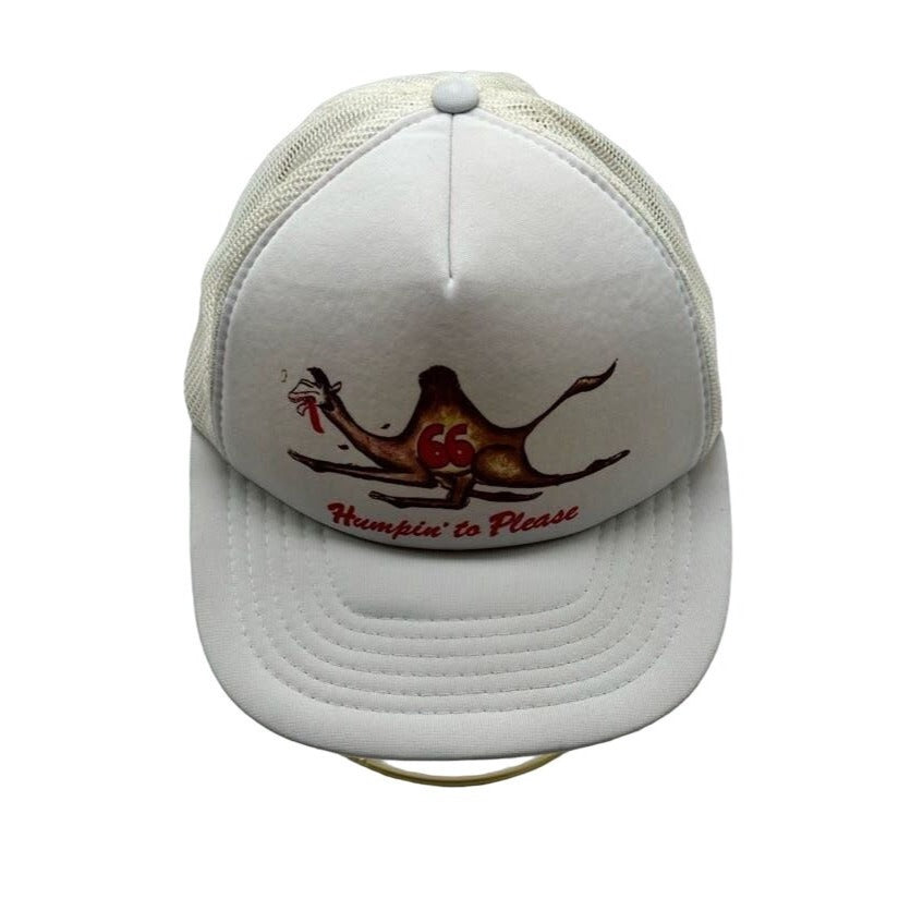 Vintage White Mesh Trucker Hat With Humpin To Please Camel Graphic & Adjustable Snapback