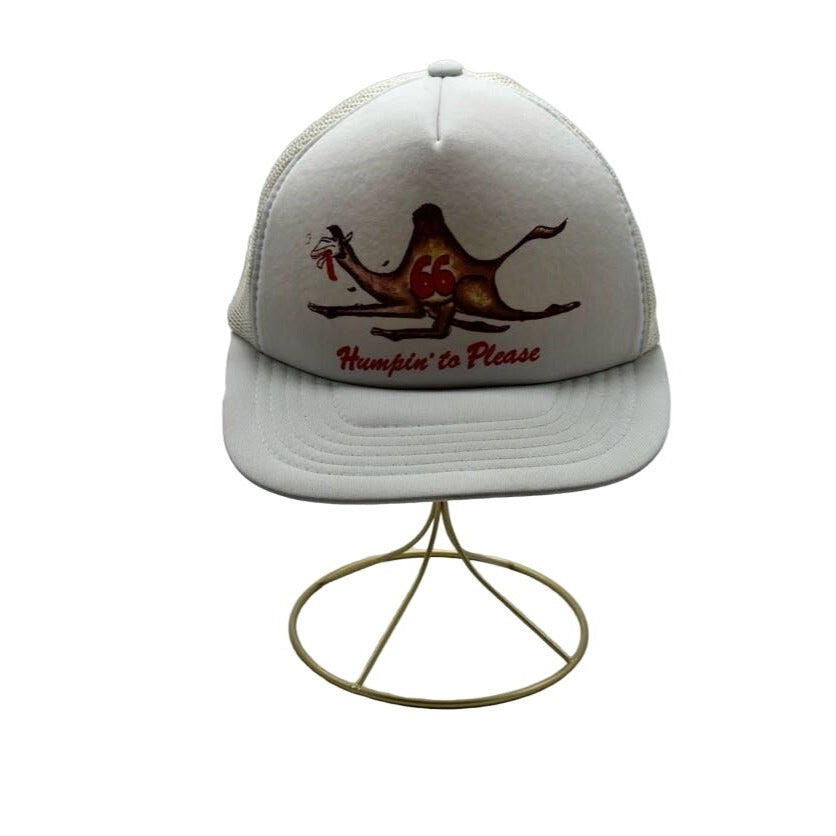 Vintage White Mesh Trucker Hat With Humpin To Please Camel Graphic & Adjustable Snapback