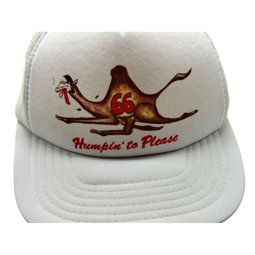 Vintage White Mesh Trucker Hat With Humpin To Please Camel Graphic & Adjustable Snapback