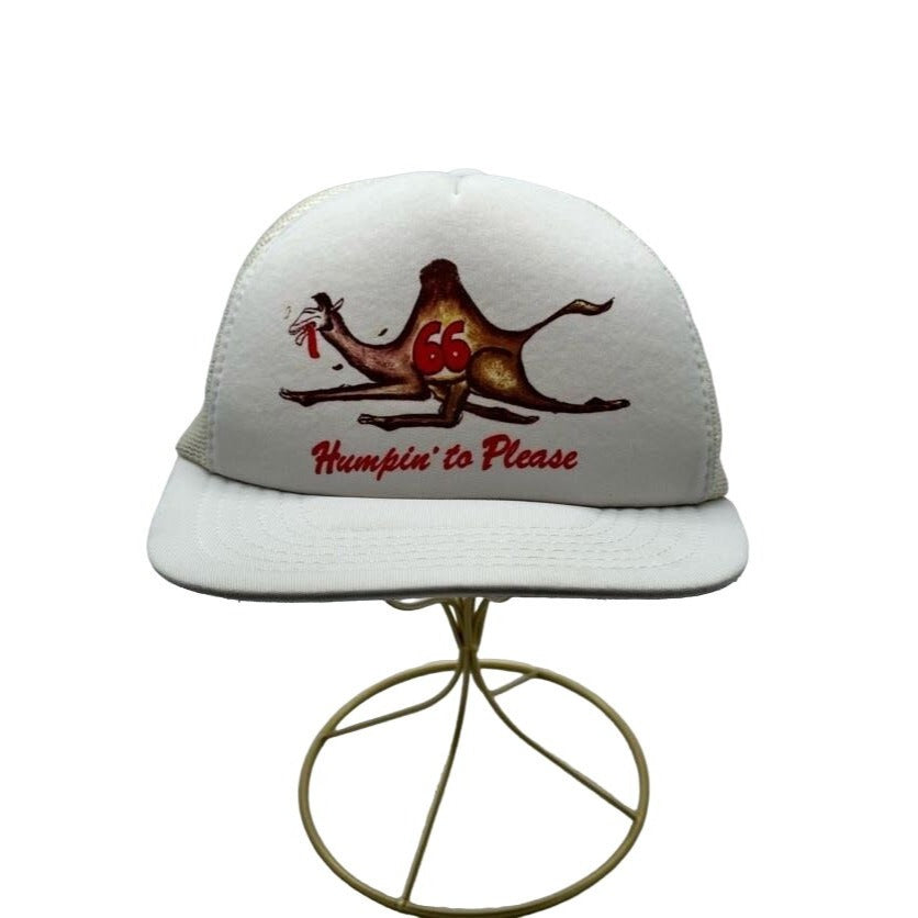 Vintage White Mesh Trucker Hat With Humpin To Please Camel Graphic & Adjustable Snapback